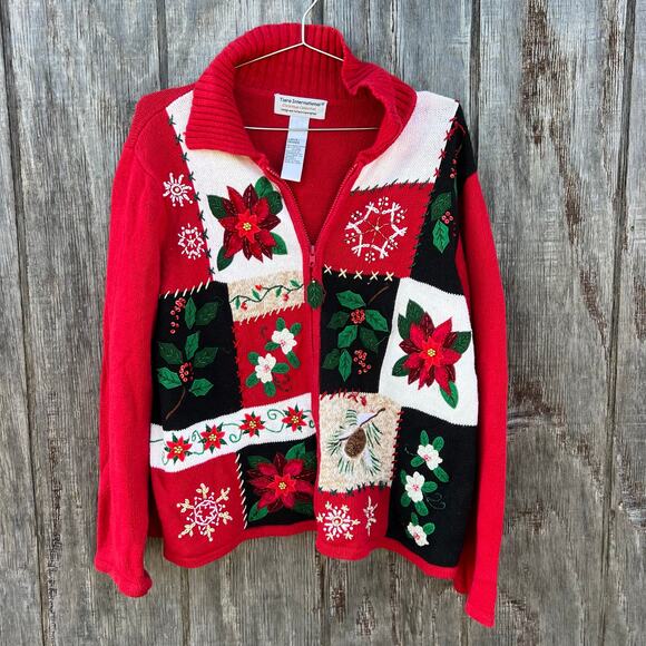Vintage Sweaters - VTG Tiara Ugly Christmas cardigan sweater poinsettia snowflake Holly pinecone L